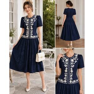 Karin Stevens Navy Blue Embroidered Midi Dress Size 8